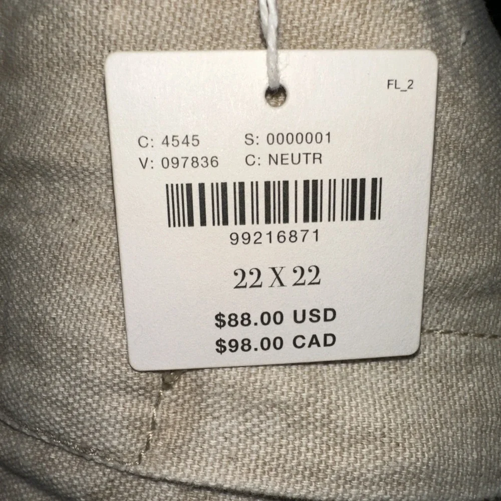 NWT Anthropologie Neutral Raw Hem 22x22in 100% Cotton Pillow‎ Retail $88